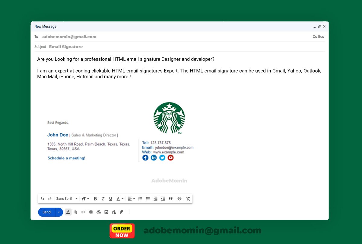 EmailSignature0's tweet image. I can bring your email signature to life with a modern and captivating design that is guaranteed to attract attention. This responsive HTML design seamlessly integrates with popular email clients like Gmail, Outlook, Mac, Yahoo Mail, Webmail, and more.  #htmlsignature