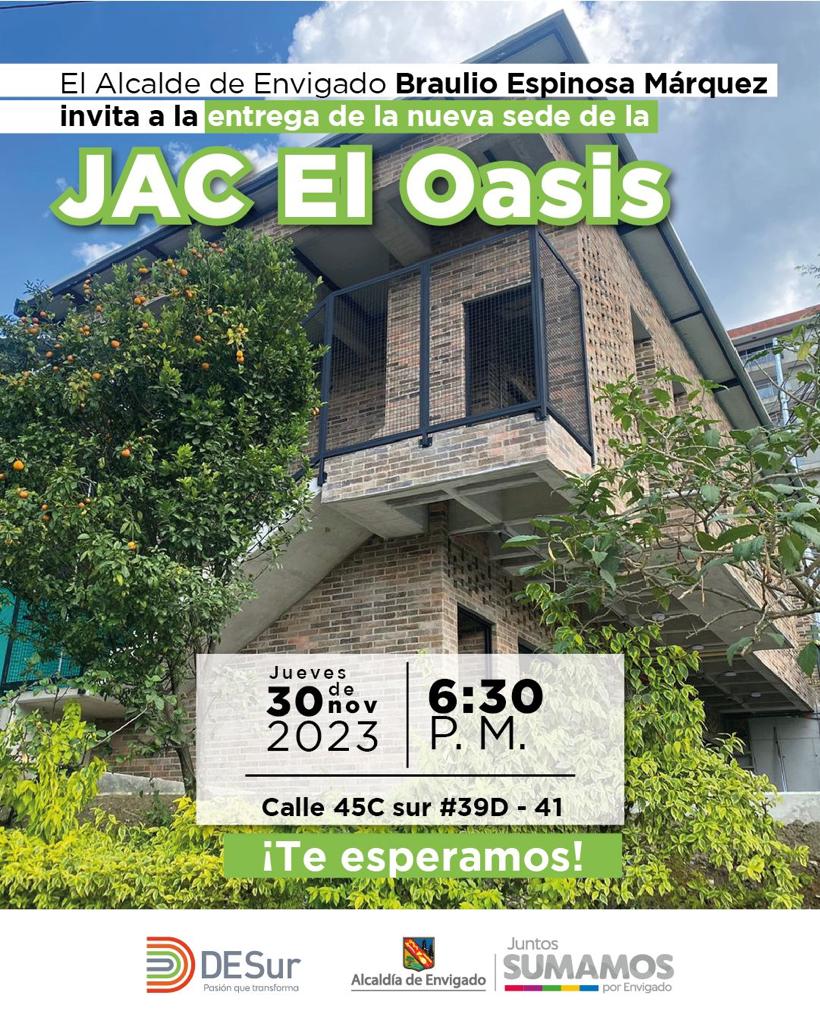 OOPPEnv's tweet photo. Acompaña a nuestro alcalde Braulio Espinosa Márquez en la inauguración de la nueva sede de la JAC El Oasis.
🗓️jueves 30 de noviembre
🕔 6:30 P. M.
📍 calle 45C sur #39D - 41
¡Te esperamos! https://t.co/UinZcuFRMp