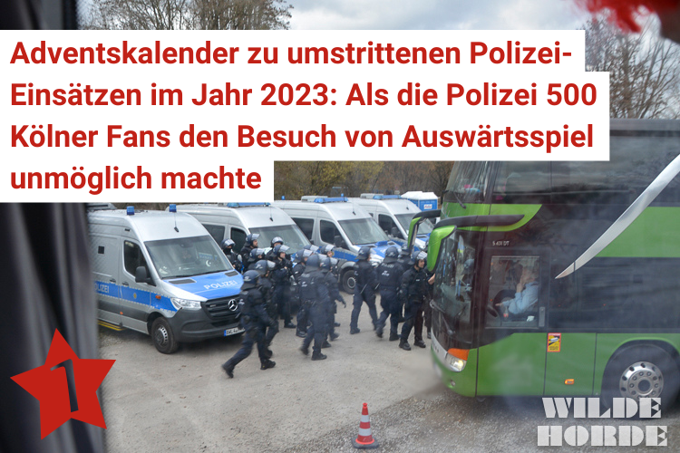 FasziFankurve's tweet photo. Alles Einzelfälle? Im diesjährigen #Adventskalender schauen wir auf umstrittene Polizei-Einsätze in 2023. Im 1. Türchen blicken wir auf den 18.02.2023, als die #Polizei 500 #Köln-Fans den Besuch von Auswärtsspiel unmöglich machte: #Ultras #Effzeh #VFBKOE https://t.co/g6IrPlt2Yj https://t.co/8AG6aEe8SS