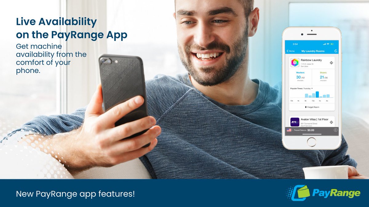 PayRange's tweet image. Tired of waiting for a washer to be available? With “Live Availability” in the PayRange App, you can check what machines are available from the comfort of your phone.  PayRange makes paying for laundry easy!

#appfeatures #mobilepayments #laundrypayments #cashlesspayments