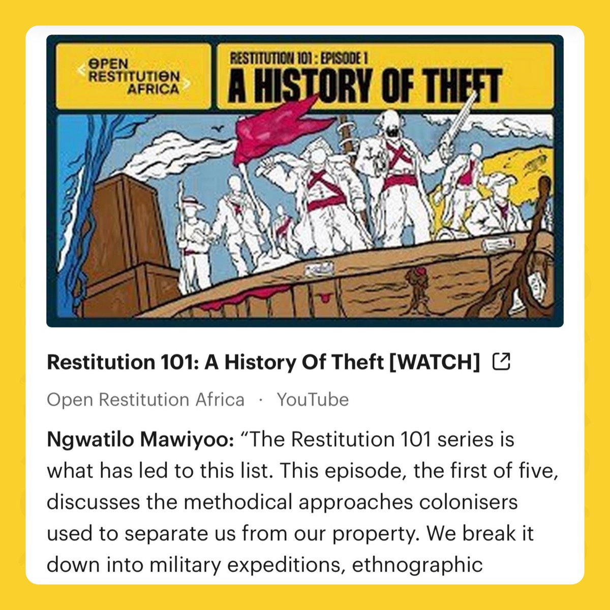 In an article by Ngwatilo Mawiyoo, she explores Africa's cultural restitution, highlighting Restitution 101: A History of Theft. How do you envision storytelling's role in cultural restitution? Click here getpocket.com/collections/af… to read more.