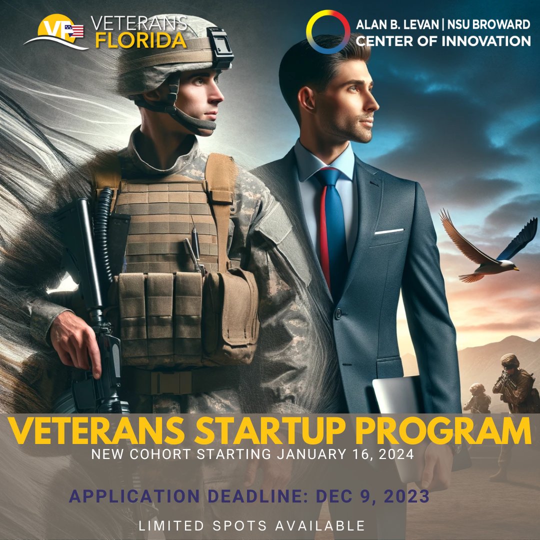 Launching our Veteran Startup Program with Veterans Florida! Transform your tech ideas into reality. Starts Jan 16. Apply by Dec 9: bit.ly/veteranstartup1 #VeteransInTech #LevanCenter