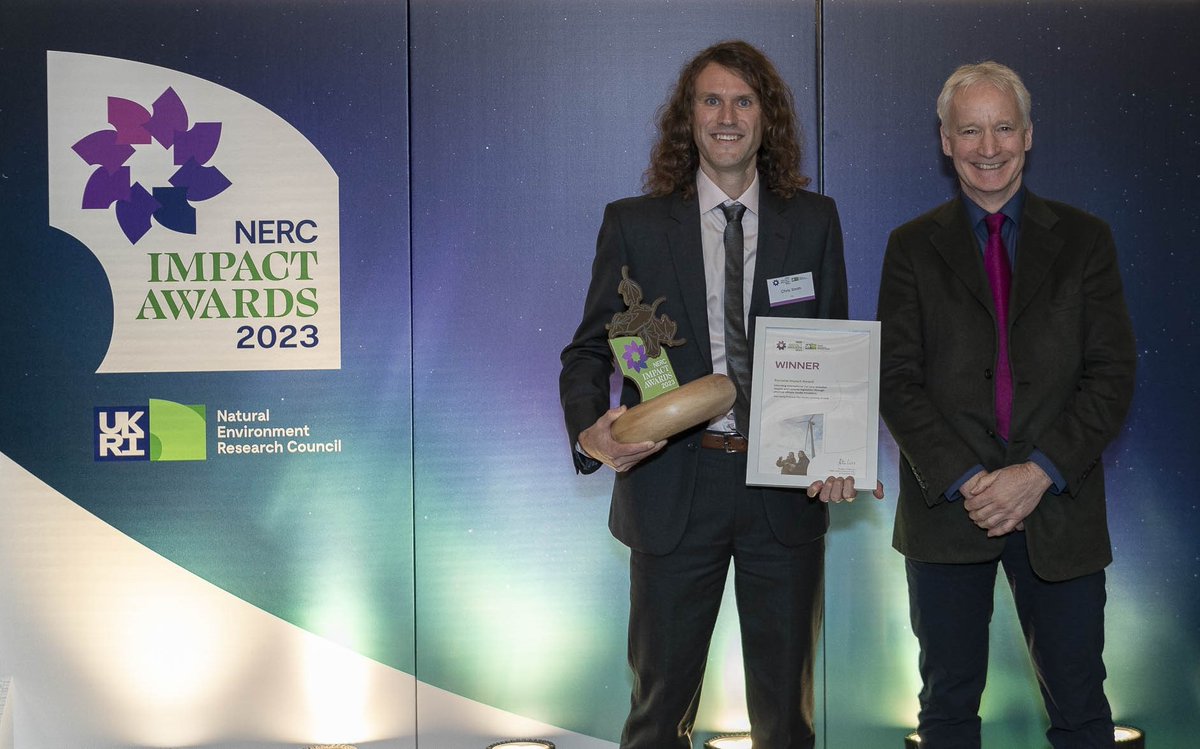 The Societal Impact Award went to Prof @piersforster & Dr Chris Smith @UniversityLeeds, at the 2023 NERC Impact Awards. The award recognises their role in developing a computer model that is informing global climate policy. Congratulations! #OurEnvironmentOurFuture