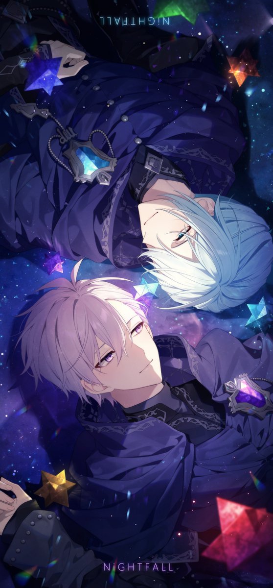 multiple boys 2boys male focus purple eyes white hair short hair looking at another  illustration images