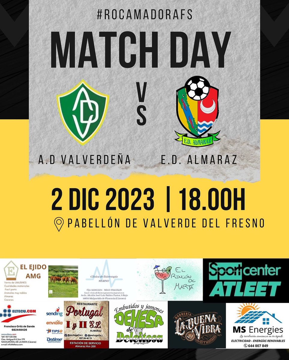 JORNADA 9

🗓️ Sábado 2
🕑 18:00
📍 Pabellón Valverde del Fresno
🆚 <a href="/ADValverdena/">AD Valverdeña</a> 
🚌 ¿quieres venir a vernos? Háblanos por privado 💛🖤 

#ROCAMADORAFS
#VUELVE
#ORGULLOALMARACEÑO