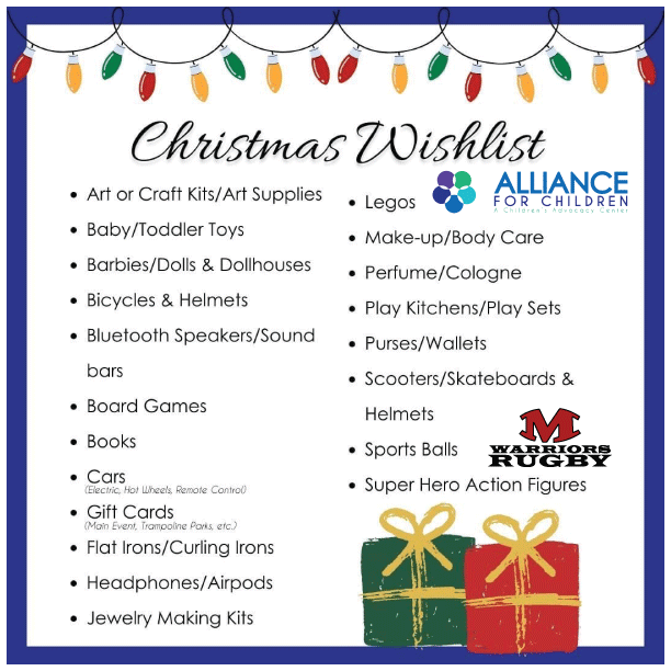 MartinClubRugby's tweet photo. Holiday Christmas Wishlist for #AllianceforChildren. Donations are accepted at the high school, drop off or make sure you get items to room 208. https://t.co/lIEerstQAI