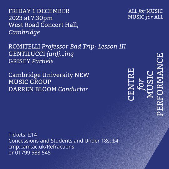 rcauston's tweet photo. TOMORROW NIGHT! Rarely heard (possibly the first time in Cambridge), the extraordinary sound worlds of #ROMITELLI & #GRISEY plus a piece by the brilliant #MartaGentilucci.
All masterfully conducted by @BloomDarren , this is one not to miss!
@WestRoadCH @CamUniCMP @CamUniMusic https://t.co/m4s8O9akT3