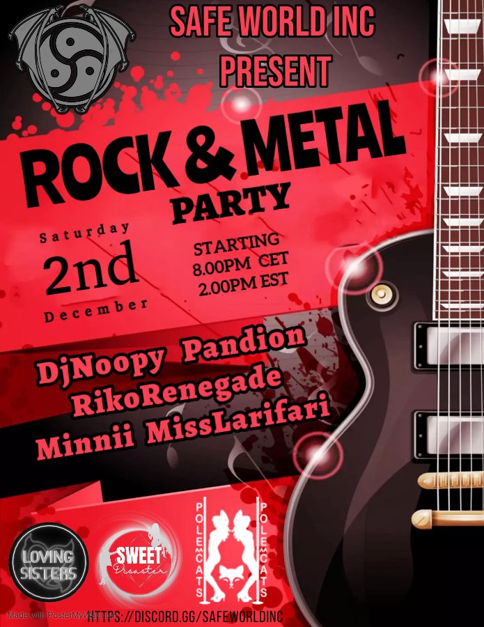 ✦ SAFE WORLD INC ✦ ROCK PARTY ✦
✦Saturday December 2nd  -  8pm CET - 2pm EST ✦

✦ Line-up DJ  ✦

✦ <a href="/DjNoopy3dx/">DjNoopy</a> 
✦ <a href="/pandion3dx/">Pandion3dx</a> 
✦ RIKORENEGADE
✦ <a href="/Minni3dx/">Minni</a> 
✦  <a href="/MissLarifari3DX/">Lari</a> 

✦ dance groups ✦

✦ <a href="/Sweet_Desire11/">Sweet Disaster Dancers</a>  ✦ PoleCats ✦ Loving Sisters ✦