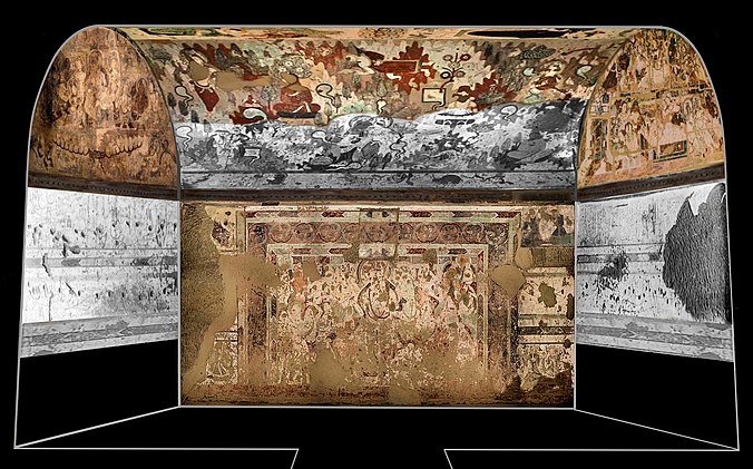 NoaidiX's tweet photo. The southern wall frieze also starts with a winged seahorse flying over a lotus bud to pursue a white double-humped camel from Bactria with a special feature protruding from its head.

Cave of the Hippocampi https://t.co/RuaRZJjcIf