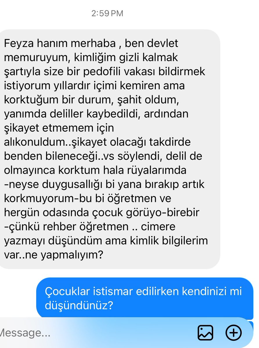 Çocuklar istismar edilmiş, deliller örtbas edilmiş hala kimliğini düşünüyor bir de bana anlatırken bile gizlenebilmek için beni tenkit ediyor. SUÇU İHBAR ETMEMEK DE BİR SUÇTUR hala da kimlik bilgilerim diyor….Sen de o çocukları o odadan çekip çıkarmamış her şey örtbas edilirken