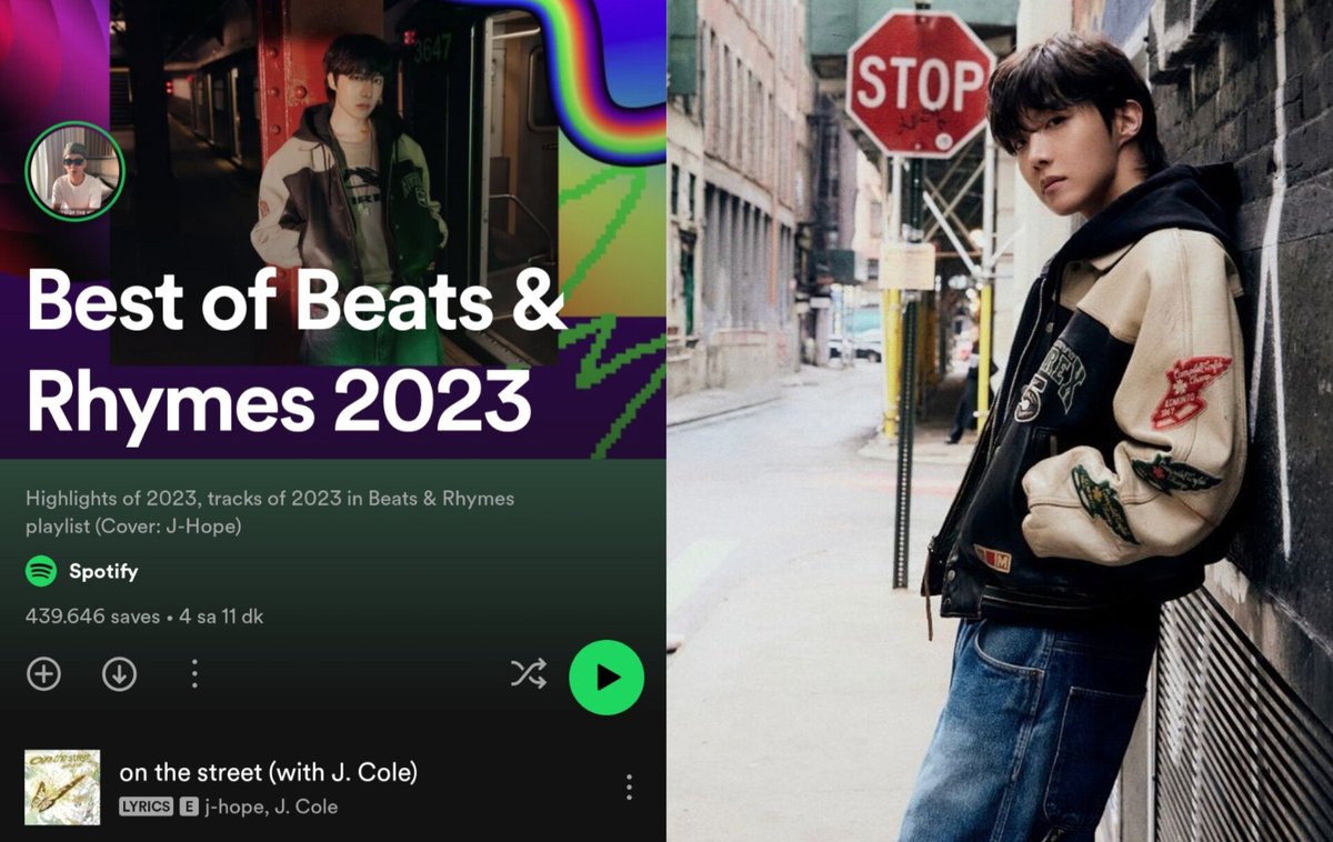 J-Hope 'on the street (with J. Cole)' Spotify Wrapped 'Best of Beats & Rhymes 2023' listesinde 1.sırada yer aldı!!