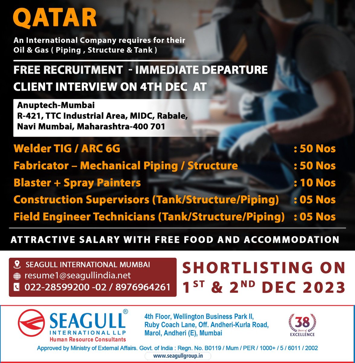 hrd1_seagull's tweet photo. 🇶🇦Qatar Jobs
‼️Free Recruitment
✈️Immediate Departure
🗓Shortlisting On 01st & 02nd December 2023
📍Client Interview In Mumbai On 04th December 2023
.
.
.
#qatarjobs #Seagull #welder #fabricator #blaster #spraypainters #constructionsupervisors https://t.co/3e2lJqmfGQ