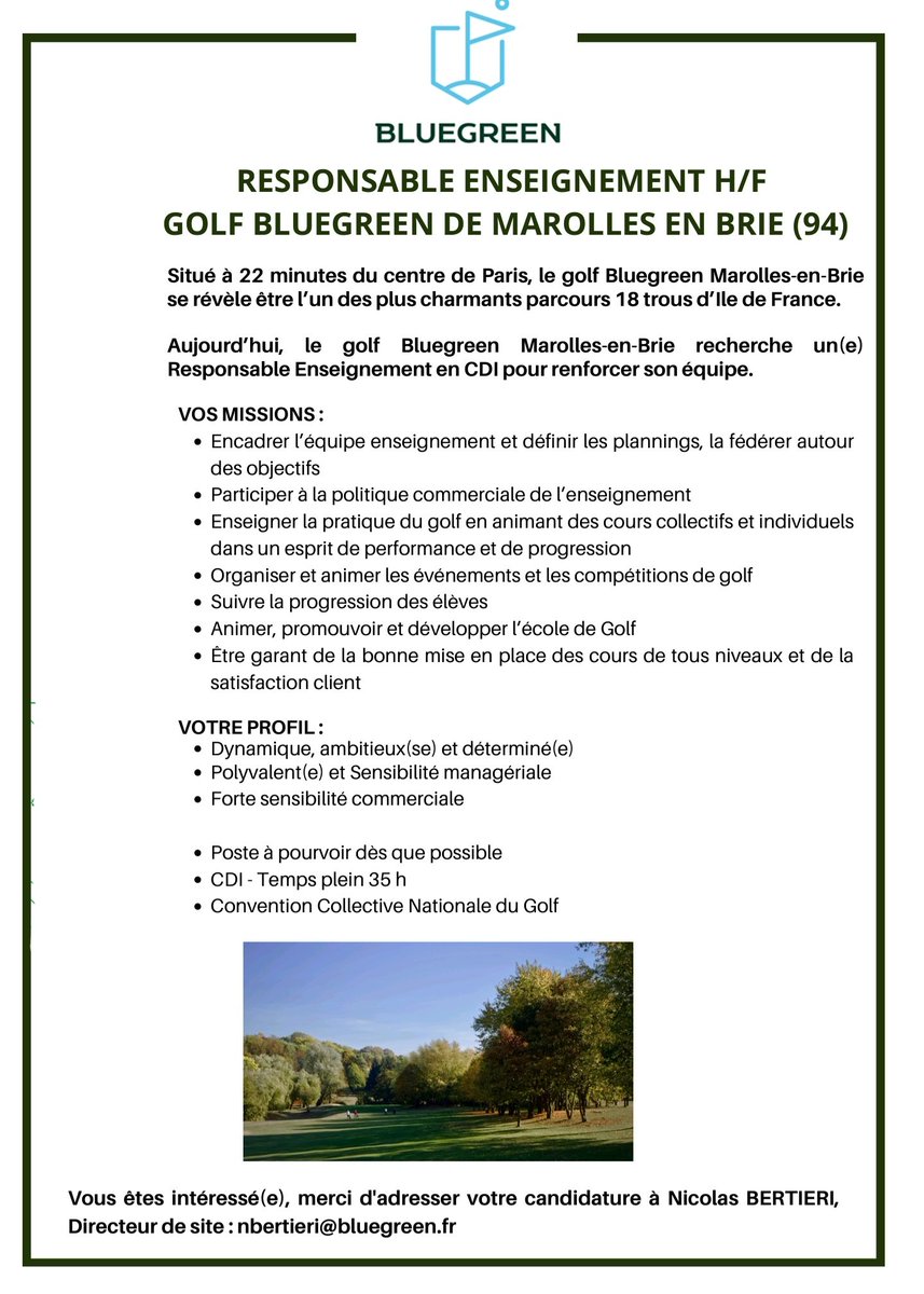 GolfMarolles's tweet photo. ⚠️ Poste Responsable Enseignement ⚠️

Le golf Bluegreen de Marolles-en-Brie recherche un(e) Responsable Enseignement en CDI. https://t.co/xdHWLeaEca
