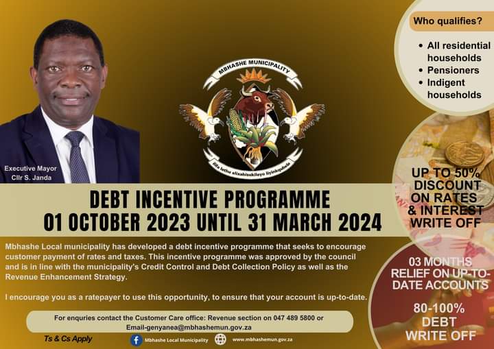 trufm's tweet photo. Mbashe Local municipality has developed a #debt incentive programme that seeks to encourage #customerpayment of #rates and #taxes . The programme runs from 01 October 2023 until 31 March 2024. https://t.co/9I5ZTdLQm3