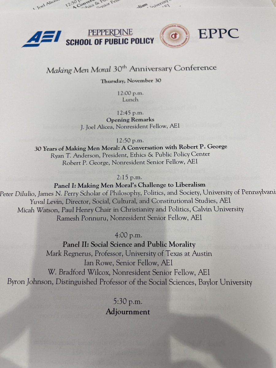 Pete4CA's tweet photo. Underway in DC for the “Making Men Moral” conference. Delighted for @PepperdineSPP to partner w @AEI, @EPPCdc and @CatholicUniv for this timely seminar on morality and public policy. First up, @McCormickProf our Reagan Honorary Prof. #aeimm https://t.co/3bZCqSu7Ig