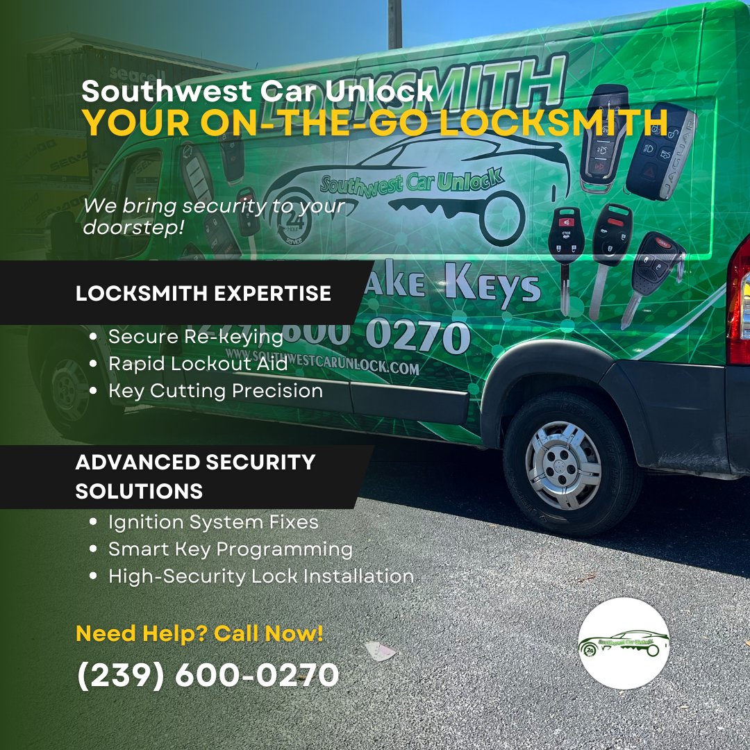 southwestcar's tweet photo. ๐ Locked out in Lehigh? Our green locksmith truck will get you back in no time! Call (239) 600-0270 now. #LocksmithLehigh #CarKeyHelp https://t.co/88wuVyNcIU