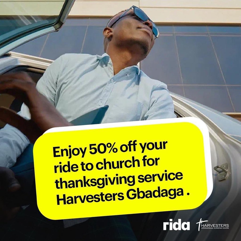 Have you been thinking of how to attend MEGA THANKSGIVING ? Harvesters Gbagada and @RidaNigeria got you 💃 @RidaNigeria is offering 50% off your ride to church for MEGA THANKSGIVING this Sunday. All you have to do is : - Download rida app - Take a screenshot of your trip to