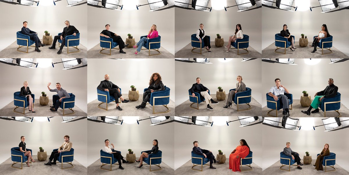 Variety's tweet photo. ACTORS ON ACTORS 
SEASON 19 
 
Robert Downey Jr. + Mark Ruffalo 
Cillian Murphy + Margot Robbie 
Emily Blunt + Anne Hathaway 
Rachel Zegler + Halle Bailey 
Emma Stone + Bradley Cooper 
Jeffrey Wright + Taraji P. Henson 
Michael Fassbender + Carey Mulligan 
Jacob Elordi + Colman Domingo 
Natalie Portman + Paul Mescal 
Andrew Scott + Greta Lee 
Alden Ehrenreich + Da'Vine Joy Randolph 
Annette Bening + Julianne Moore