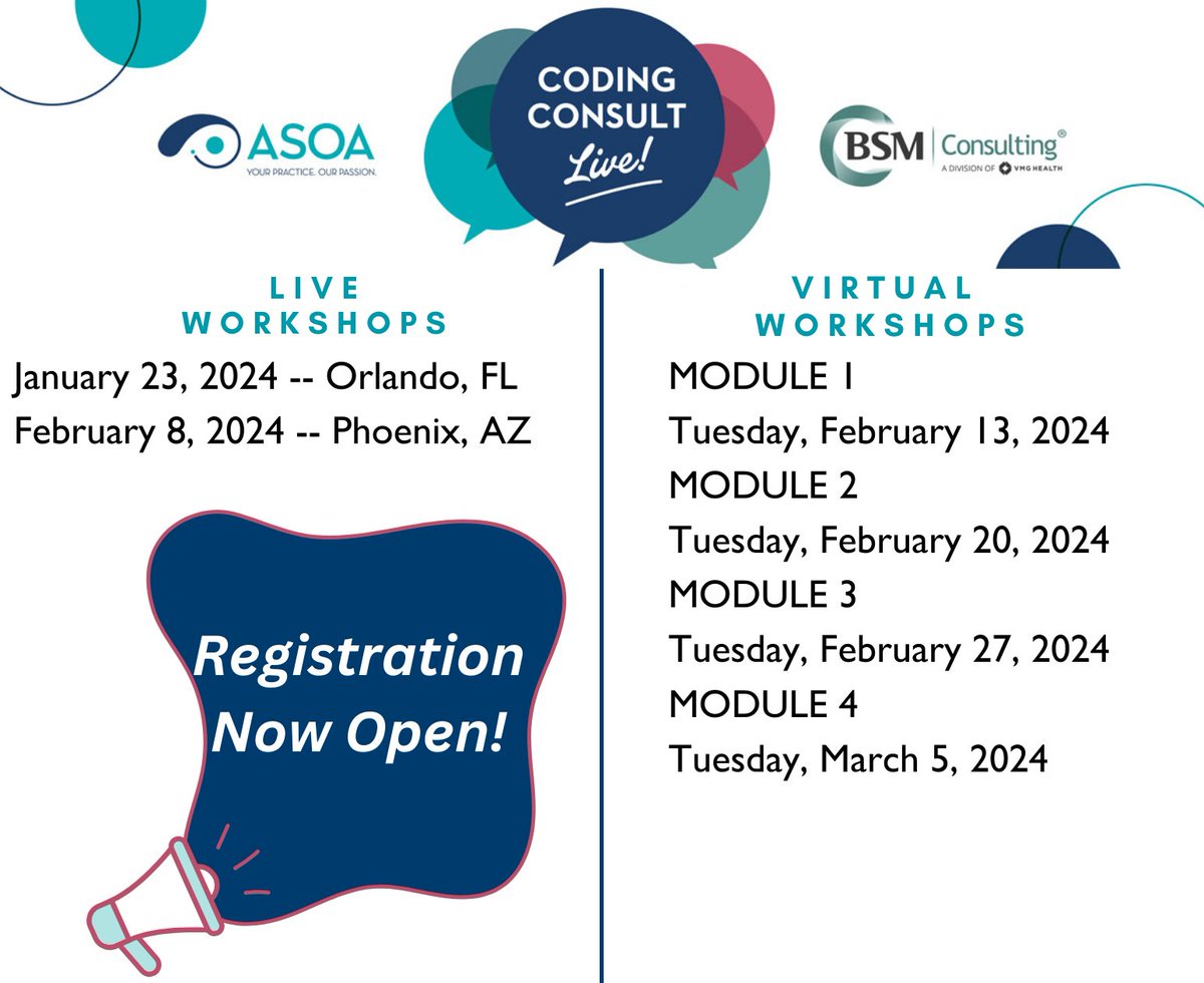 ASOAtweets's tweet image. Is your billing team prepared for coding changes in 2024? 

Set your practice up for success by enrolling your team in a Coding Consult Live Workshop, either virtually or in person. 

#codingandbilling #Ophthalmology