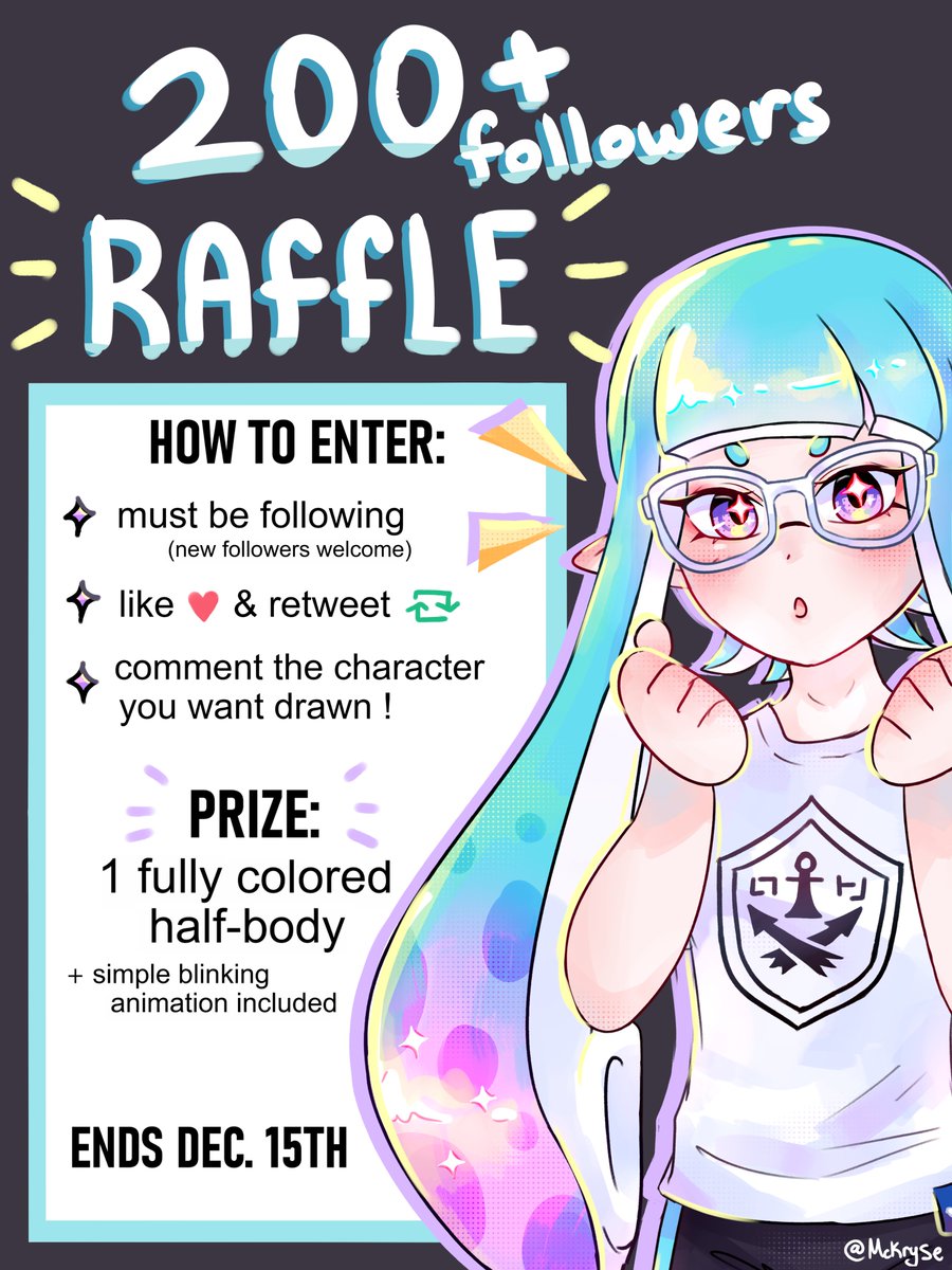 mckryse's tweet image. thank you sm for 200 follows! hosting my first art raffle as appreciation&amp;lt;3

✧ must be following (new followers welcomed) 
✧ like + retweet
✧ comment the character you want drawn ! 

prize: 1 fully colored half-body +(simple blinking animation included)

#Splatoon #Splatoon3