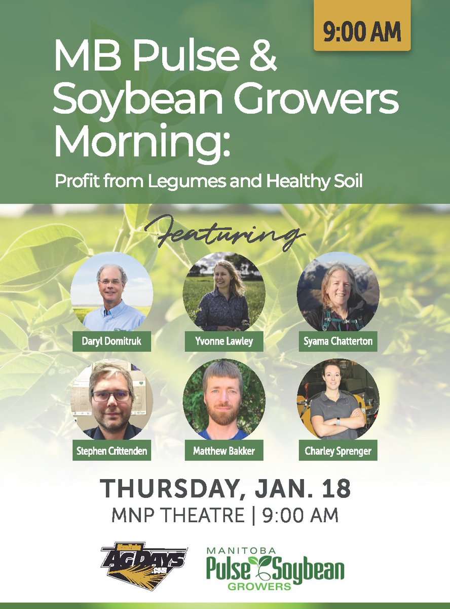 MPSG (@mbpulsegrowers) on Twitter photo Planning on attending <a href="/MBAgDays/">Manitoba Ag Days</a>?
Don't miss our morning session - Profit from Legumes & Healthy Soil. 🫘🚜
We're looking forward to hearing from these industry leaders! Planning on attending <a href="/MBAgDays/">Manitoba Ag Days</a>?
Don't miss our morning session - Profit from Legumes & Healthy Soil. 🫘🚜
We're looking forward to hearing from these industry leaders!
