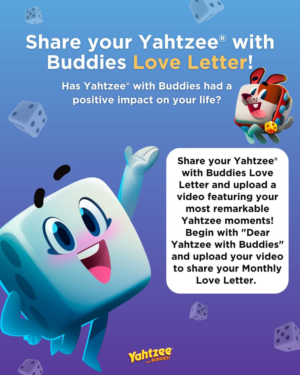 Join our community with your Yahtzee with Buddies Love Letter by rolling out a video showcasing your most dice-filled moments! Click for more! forms.gle/3oNrq3FsYy6y3Q…  🎲💌🎉