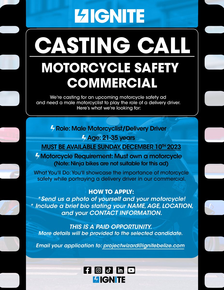 ignitebelize's tweet photo. 🌟 Casting Call 🌟 Male motorcyclists (21-35) with your own bike (no ninja bikes), we need you for a safety ad! 🏍️ Paid gig on Dec 10. Apply now! 🌟 #IGNITEbelize #MotorcycleSafety #CastingCall #Belize https://t.co/nASp2F8XQo