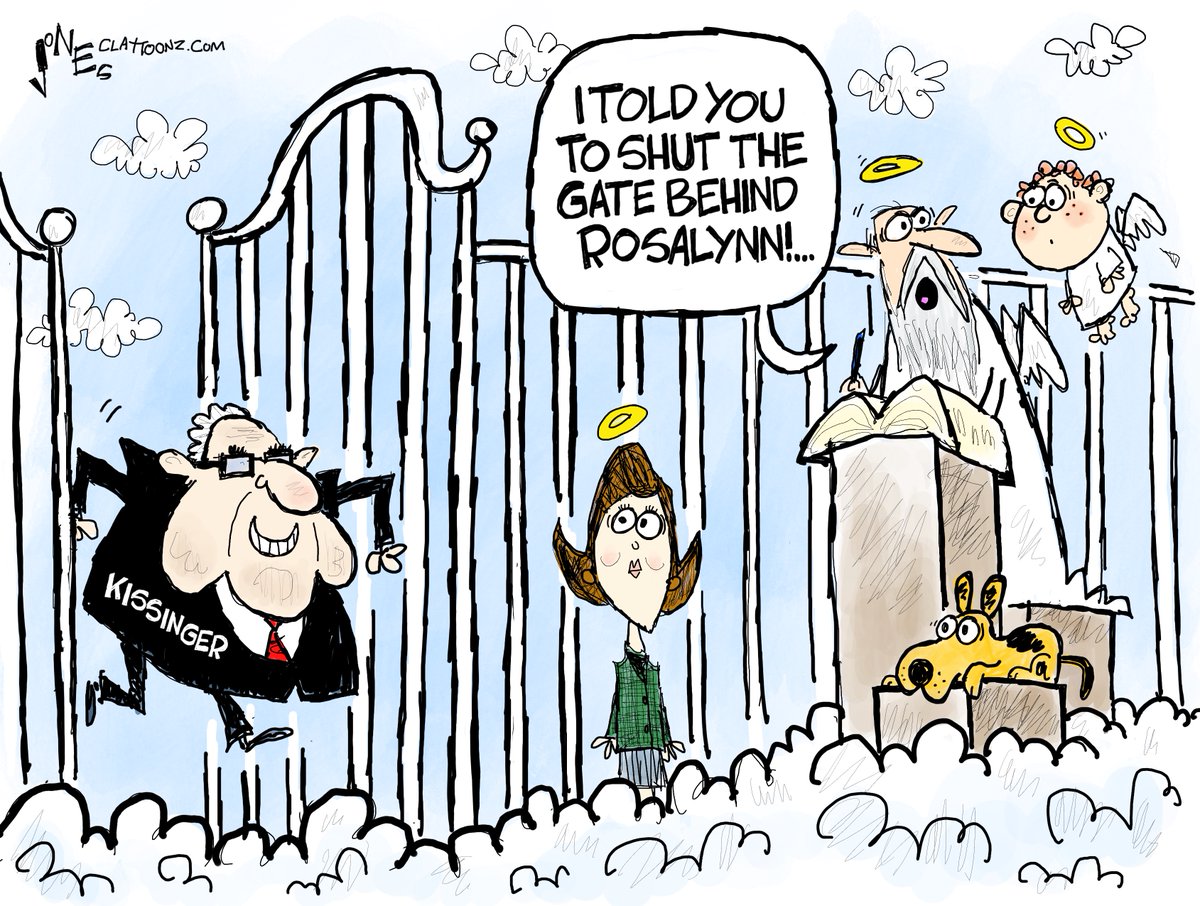 I bet you didn't expect me to draw Kissinger entering through the Pearly Gates, did you? #Kissinger #KissingerWarCriminal #RosalynnCarter #Heaven #PearlyGates