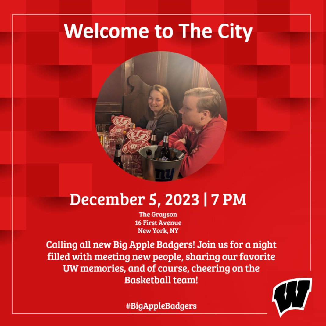 Don’t miss the last event of the year!! Join us Tuesday at the Grayson to watch Badger basketball and welcome our new members!