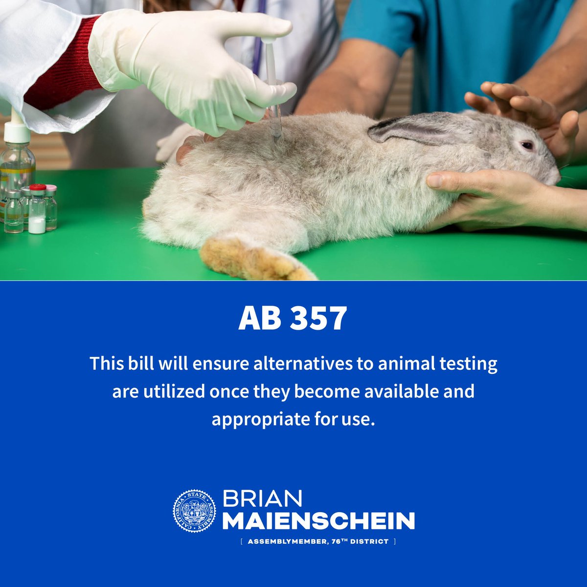 I am proud to announce the Governor signed my bill #AB357 @HumaneSociety.  This bill will ensure alternatives to animal testing are utilized once they become available and appropriate for use.