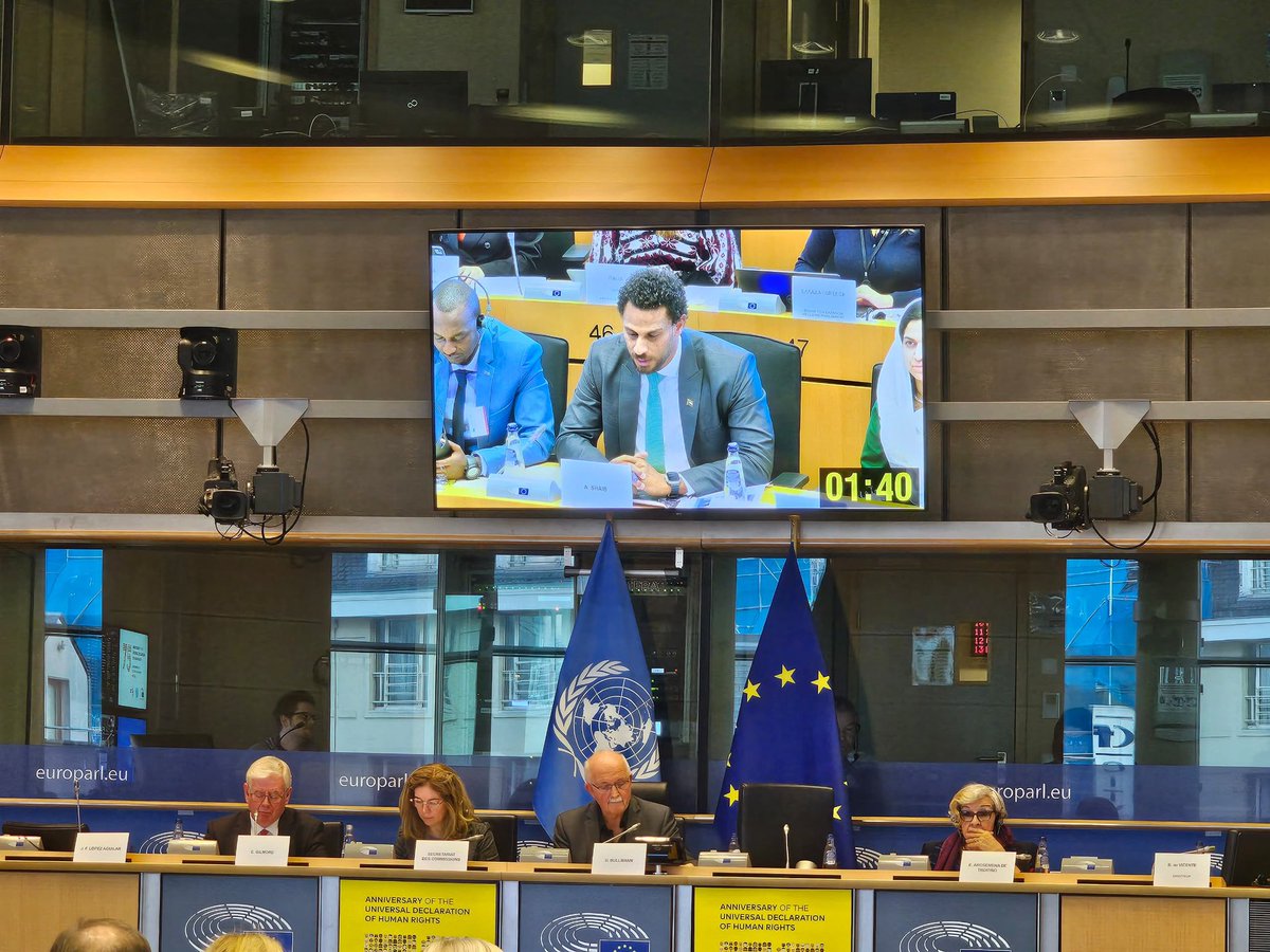 AAshaib's tweet photo. Privileged to address the #European Parliament in Brussels at the High Level Conference on the 75th Anniversary of the Universal Declaration of #HumanRights. I discussed #Sudan's Humanitarian Crisis &amp; its Regional Impact on Nov 29, 2023. Delighted to share my speech. https://t.co/kiIaKHu97Z
