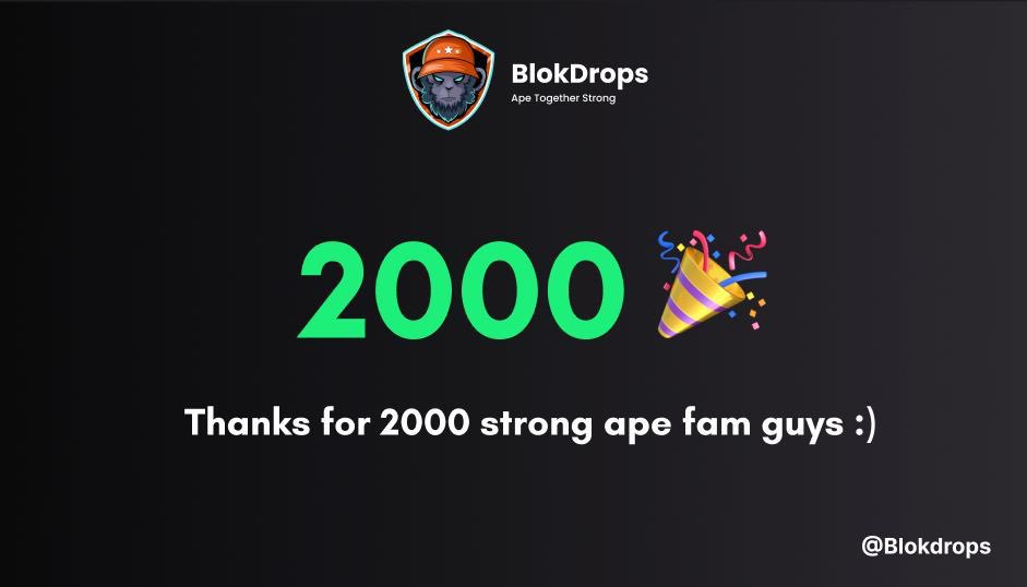 We are now officially 2000+ apes fam on TG. 

Ape stronger together , we are very thankful for the love and support.

Remember when Veno*m gave us a strike and our channel got fucked, from that day our community loves us more.

Thanks a Lot ♥️♥️

Follow @blokdrops for more alpha