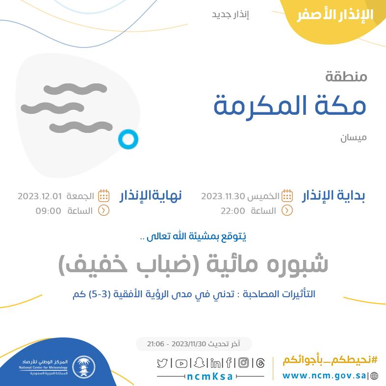 NCMKSA's tweet photo. الإنذار الأصفر - #منطقة_مكة_المكرمة - #ميسان  

للتفاصيل  https://t.co/9IFIHgJgv2 

#الإنذار_المبكر #طقس_السعودية
#المركز_الوطني_للأرصاد https://t.co/5PUkZ6C41B
