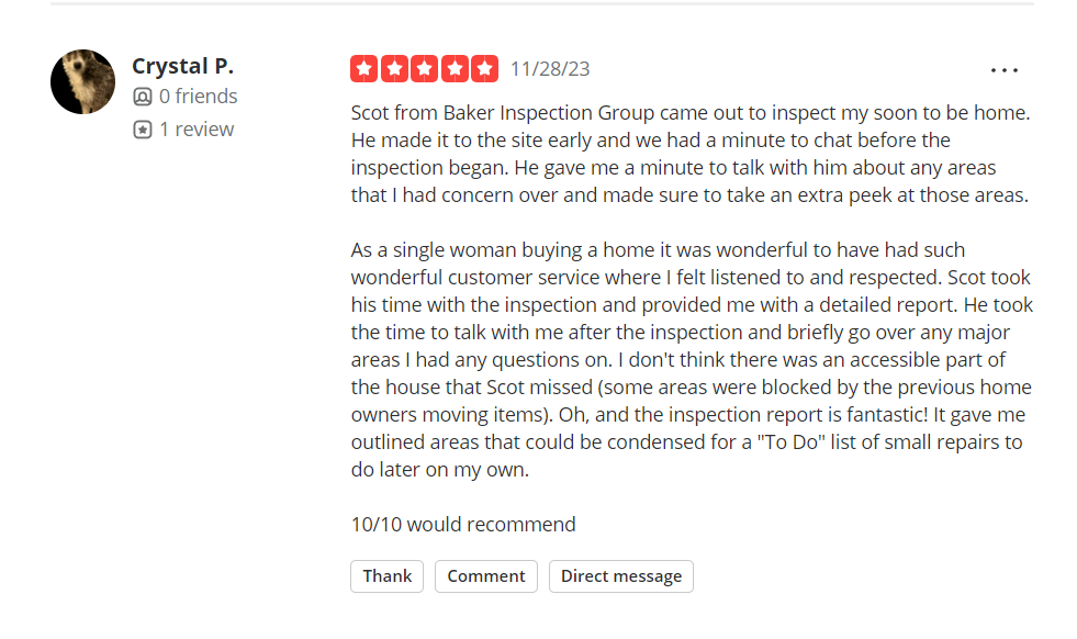 BakerInspection's tweet photo. Thank you so much for taking the time to leave us such a nicely worded Yelp review.
Call today to see the BIG difference we make. 209-522-5320 #homeinspector #homeinspection  #bigcrawler  #modesto #modestorealestate #modestohomeinspector #modestohomeinspection https://t.co/hmEeW1mpdT