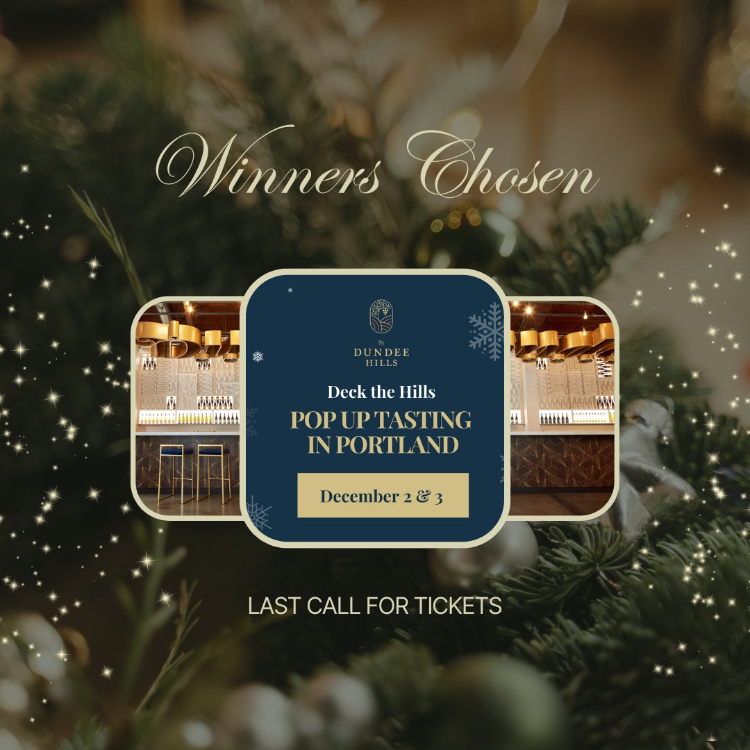 Our winners have been selected, messaged, and confirmed. 🎉 Thanks to everyone who participated. We look forward to seeing you all this weekend for the Dundee Hills Pop Up Tasting in Portland. 🍷 ❄️ 

Get your tickets:
dundeehills.org/events/dundee-…