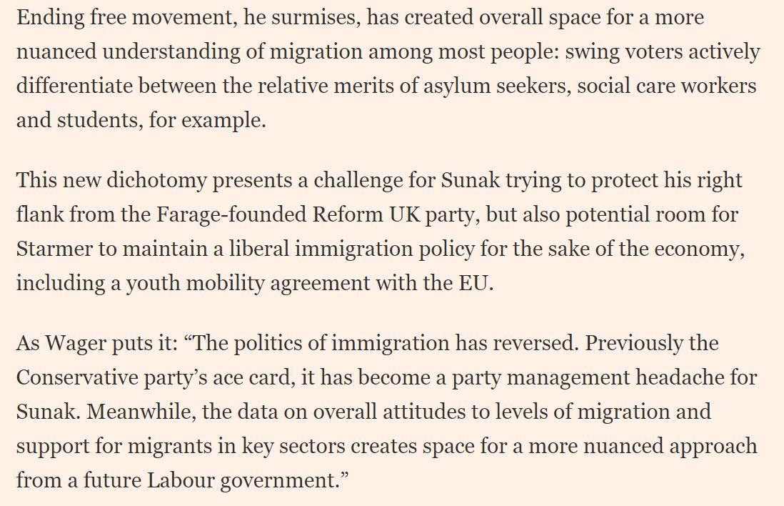 And this week's chart, via @DrAlanWager @YouGov shows how Keir Starmer will have an easier time. Labour voters, post #Brexit, take a more nuanced approach on migration issues...in contrast to Tories who have been driven so far up the tree, they're now stuck. 2/2