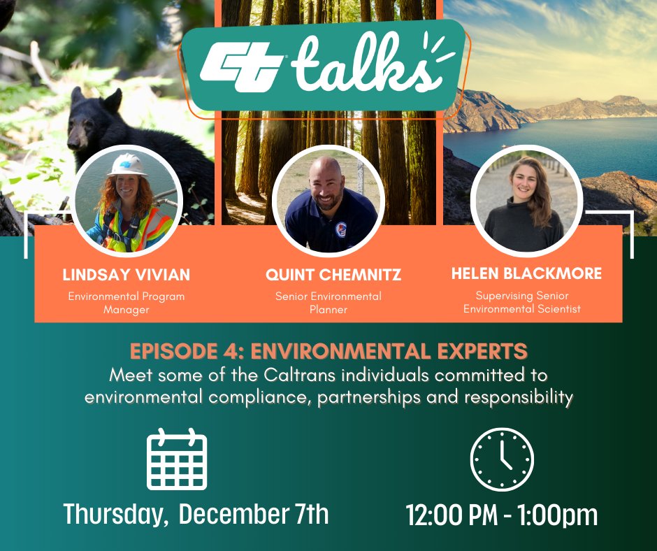 CaltransHQ's tweet photo. CT Talks Episode 4: Environmental Experts
 
📌Thursday Dec 7 noon-2 pm
Join us for an informative session filled with expert insights, cutting-edge research, and   inspiring discussions.
▶️Register now: https://t.co/2OfCV0j0ID #CaltransCulture #CTTalks https://t.co/wTuI8ZnSUA