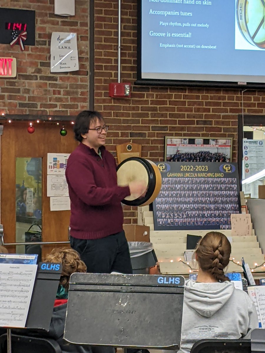 MillerGregM's tweet photo. Enjoyed having Mr. Lindroth in Blue Band rehearsal today to share about Irish music and the bodhrán, as we prepare Michael Sweeney's "Passages" for the December 17 Holiday Band Concert! https://t.co/VgODyynTQC