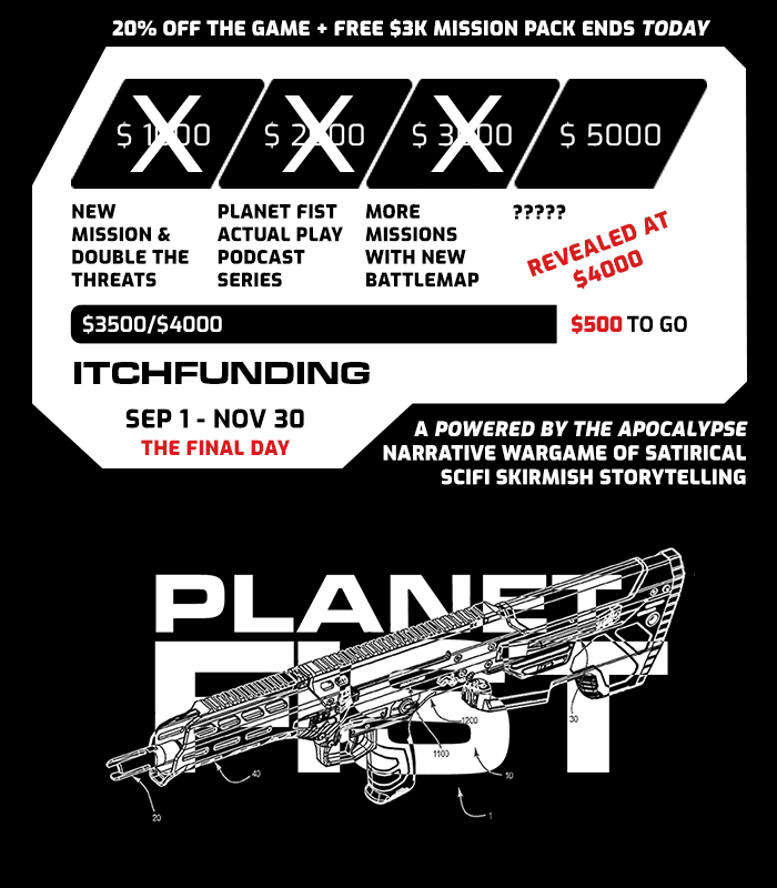 IT'S THE FINAL DAY to back PLANET FIST 🎲
get 20% off the #TTRPG &amp; 🔜 a free mission pack!
play a slapstick space marine being exploded &amp; reassembled for a meaningless forever war, in a satirical setting that hates the war criminals orchestrating it!
🔗: jessfromonline.itch.io/planetfist