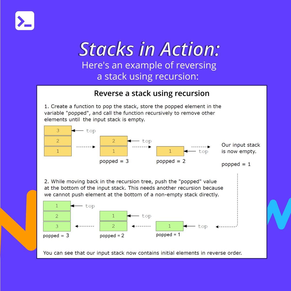 EducativeInc's tweet image. Master the stacks pattern for #CodingInterviews!

Crucial for LIFO operations, stacks solve problems related to order.

Learn all 26 patterns to unlock countless questions in our Grokking Coding Interview Series (avail. in Python, Java, JS, C++, &amp;amp; Go!)

educat.tv/3RkpZ59