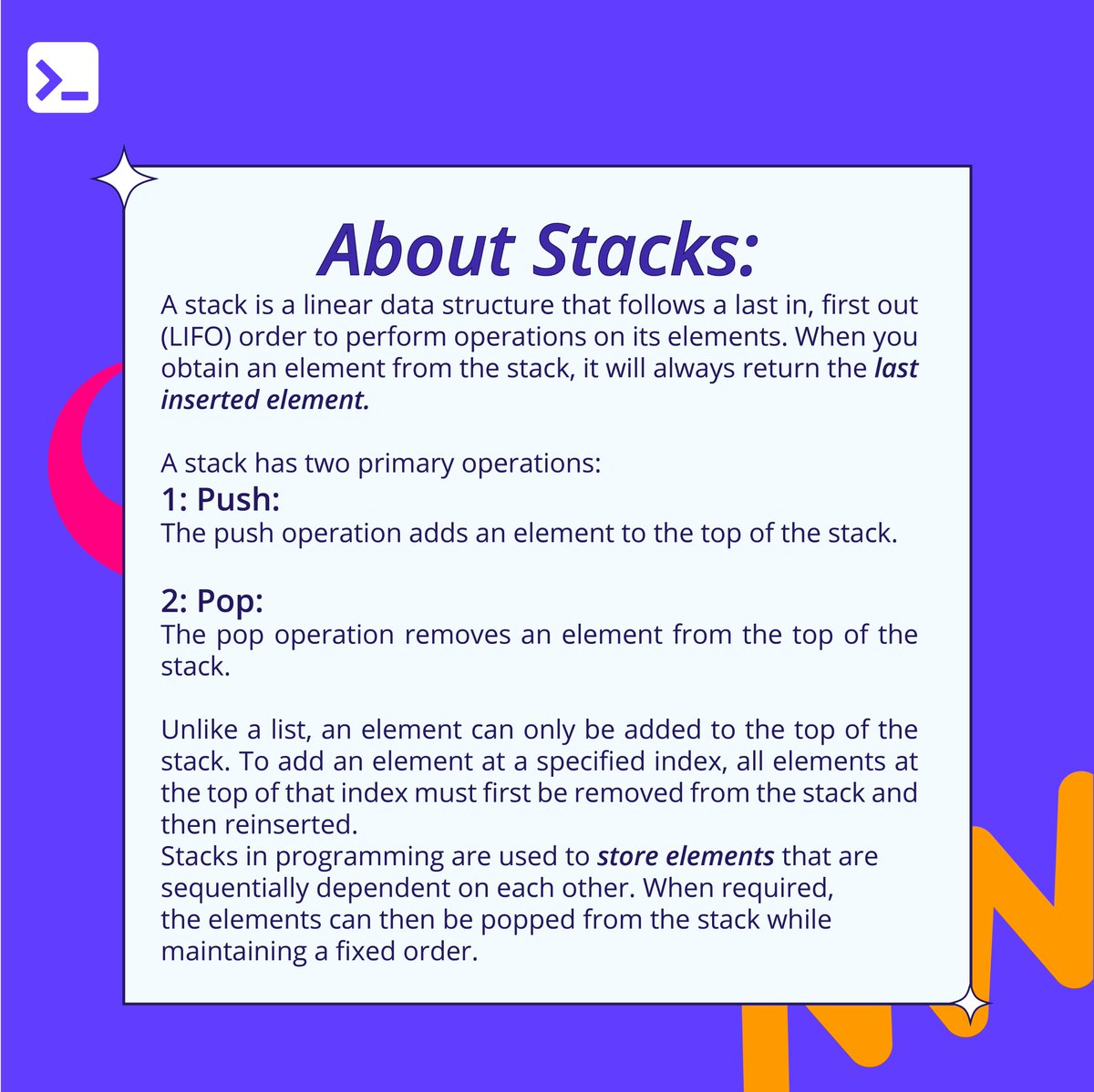 EducativeInc's tweet image. Master the stacks pattern for #CodingInterviews!

Crucial for LIFO operations, stacks solve problems related to order.

Learn all 26 patterns to unlock countless questions in our Grokking Coding Interview Series (avail. in Python, Java, JS, C++, &amp;amp; Go!)

educat.tv/3RkpZ59