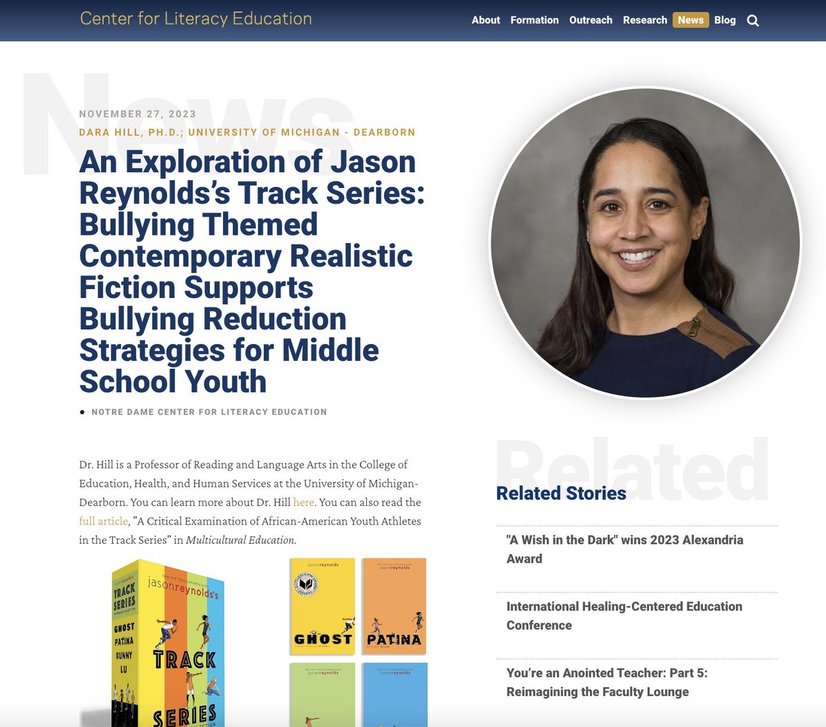 Dr. Dara Hill wrote a blog post about Jason Reynolds's Track Series books for bibliotherapy (reducing bullying) & includes a link to her recent article 'A Critical Examination of African-American Youth Athletes in the Track Series' iei.nd.edu/initiatives/no… @ieiatnd @ACEatND