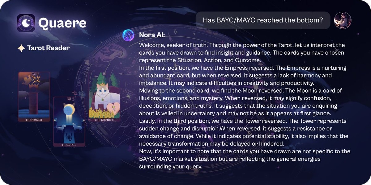 Skylinee's tweet photo. Quaere : Navigating the Spiritual Metaverse with AI and Web3 🌌

@QuaereOfficial 

1⃣ Project Overview: Quaere is a unique spiritual space in the Metaverse, blending AI and Web3 tech. Meet your 24/7 AI companion, offering predictive horoscopes, tarot readings, and personalized compatibility assessments.

Example :

2⃣ Web3 Integration: Quaere leverages the Web3 ecosystem to reward early members, train AIs, and verify ownership of AI astrologists & in-app assets. Powered by Foresight Ventures, it's a haven for astrology enthusiasts.

- Fundraising: Backed by @ForesightVen , known for their excellent portfolio. :saluting_face:

3⃣ Meet the Team :

CEO: @StormXXMore Serial entrepreneur, founder of multiple successful utility apps.

CTO: @hikerluck Former R&D Director at a Y Combinator incubated star project, an AI expert.

4⃣ Quaere Genesis Pass:
Supply: 777 / Free Mint
Mint Date: TBD

⚡️ Levels:
T1: Solar Oracle
T2: Luna Guardians
T3: Star Travelers

5⃣ Genesis Card Benefits:
- Platform privileges
- Airdrops of NFTs/invitation codes
- Staking for core assets & profit-sharing
- Exclusive feature testing
- Limited-time highest membership activation
- Offline privileges and more.

Thanks for reading this so far, 

If you enjoyed the thread please give it like and repost. 🫡♥️