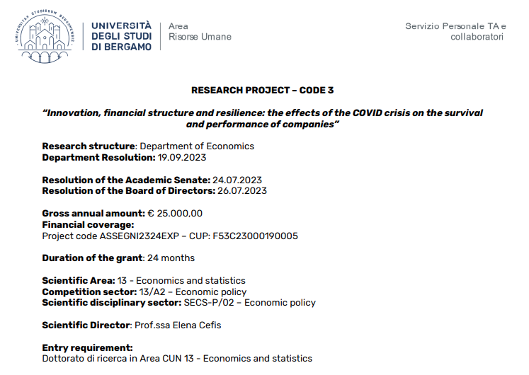 🛎HIRING🛎New #postdoc for 2 years(renew for 1) to work with me on the effects of #covid19 crisis on #firm #performance and the roles/effects of #State aid on business #resilience at @DseUnibg .Call open at lnkd.in/dtTY37gr. CODE 3 ⏳DEADLINE: 21st Dec.2023 Please share