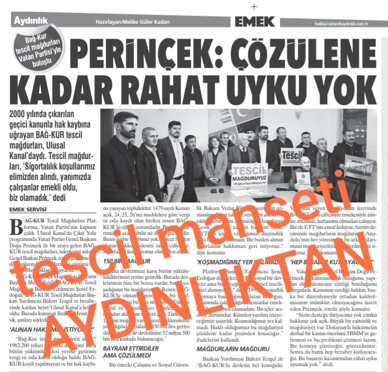 🍁Vergi kaydı var 04 10 2000 yılı öncesi Bağkur tescilimiz yok
Sn. <a href="/Dogu_Perincek/">Doğu Perinçek</a> başkanım çok teşekkürler 
<a href="/RTErdogan/">Recep Tayyip Erdoğan</a>
<a href="/Dogu_Perincek/">Doğu Perinçek</a>
<a href="/eczozgurozel/">Özgür Özel</a>
<a href="/AydinlikGazete/">Aydınlık</a>
<a href="/ulusalcomtr/">Ulusal.com.tr</a>
<a href="/isikhanvedat/">Prof. Dr. Vedat Işıkhan</a>
<a href="/B_Palandoken/">Bendevi Palandöken</a>
#BağkuraTescilBakanlığa #BağkuraTescilMeclise #BağkuraTescilTorbaya