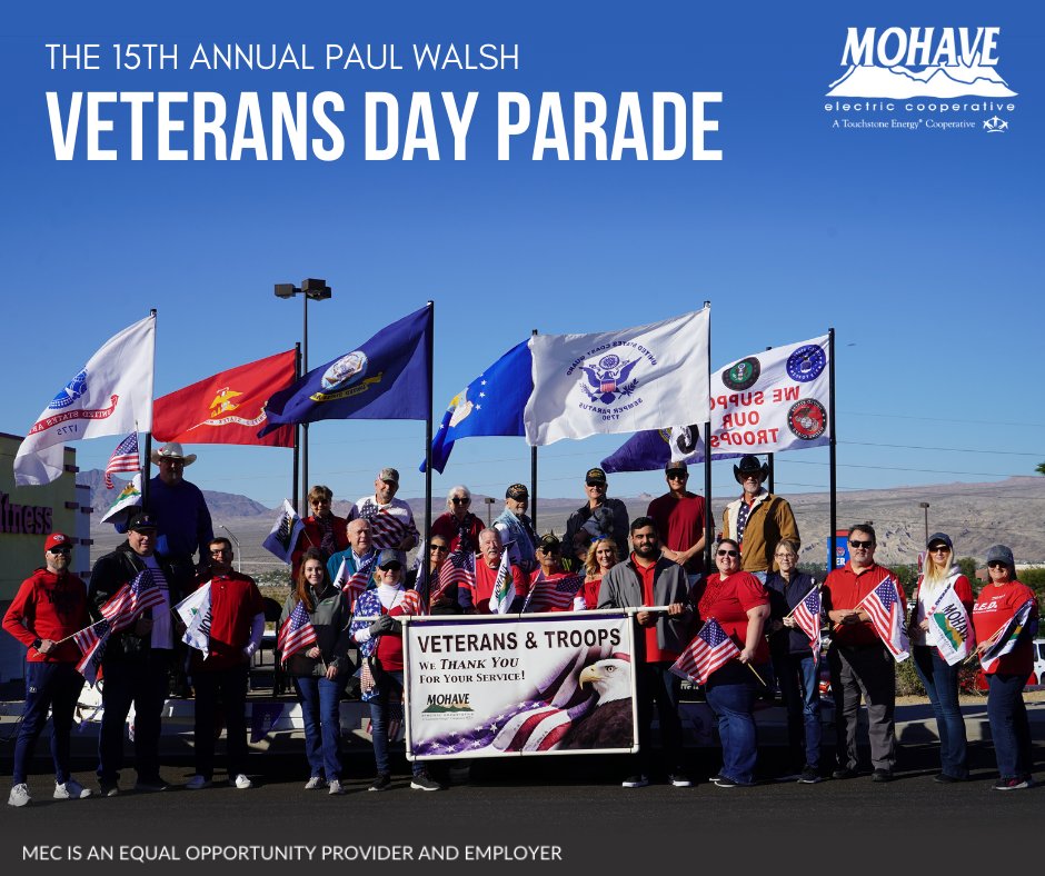 MohaveElectric's tweet photo. Hundreds gathered to thank our veterans at the 15th Annual Paul Walsh Veterans Day Parade led by @BhcpdNews and @BullheadFire. We are thankful for the supporters who lined Miracle Mile to express gratitude to our veterans this year. https://t.co/V486hC9Z8O