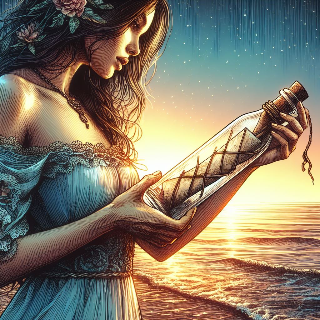 digidownlo's tweet photo. A message in a bottle for the universe to see. 🌊✉️ Each wave echoes the lyrics of our shared melody, a love story written in the language of the ocean. 📜❤️ #MessageInABottle #LoveOnRepeat Image create @bing https://t.co/dGoMGV68Ve