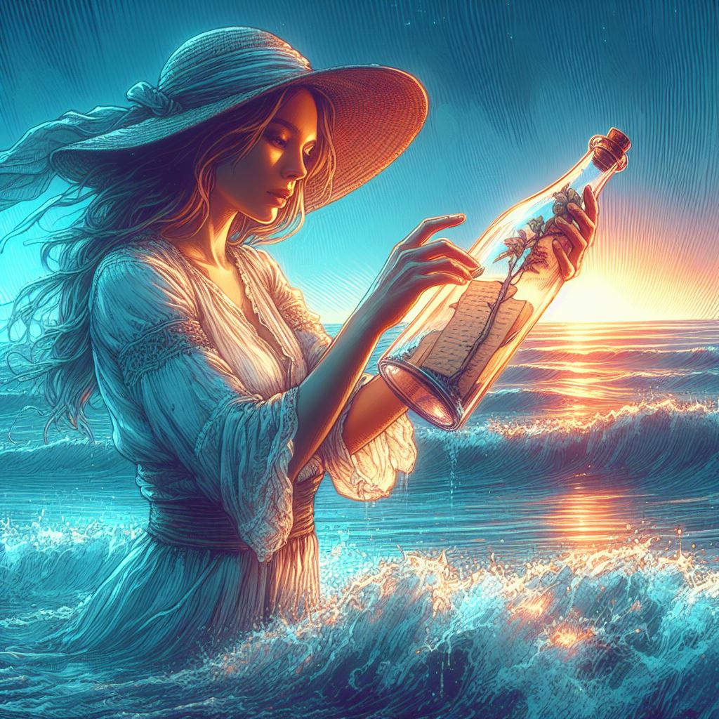 digidownlo's tweet photo. A message in a bottle for the universe to see. 🌊✉️ Each wave echoes the lyrics of our shared melody, a love story written in the language of the ocean. 📜❤️ #MessageInABottle #LoveOnRepeat Image create @bing https://t.co/dGoMGV68Ve