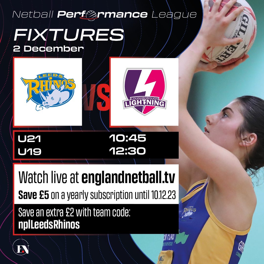 This weekend Pathway is back! Our U19s and U21s start with games vs <a href="/Lightning_Acad/">Loughborough Lightning Netball Academy</a> 

Sign up via the link below to live stream all games, get a discount with our code ‘nplLeedsRhinos’ and to support Rhinos pathway even from a far! 

englandnetball.tv/?utm_source=np…

💛🦏💙