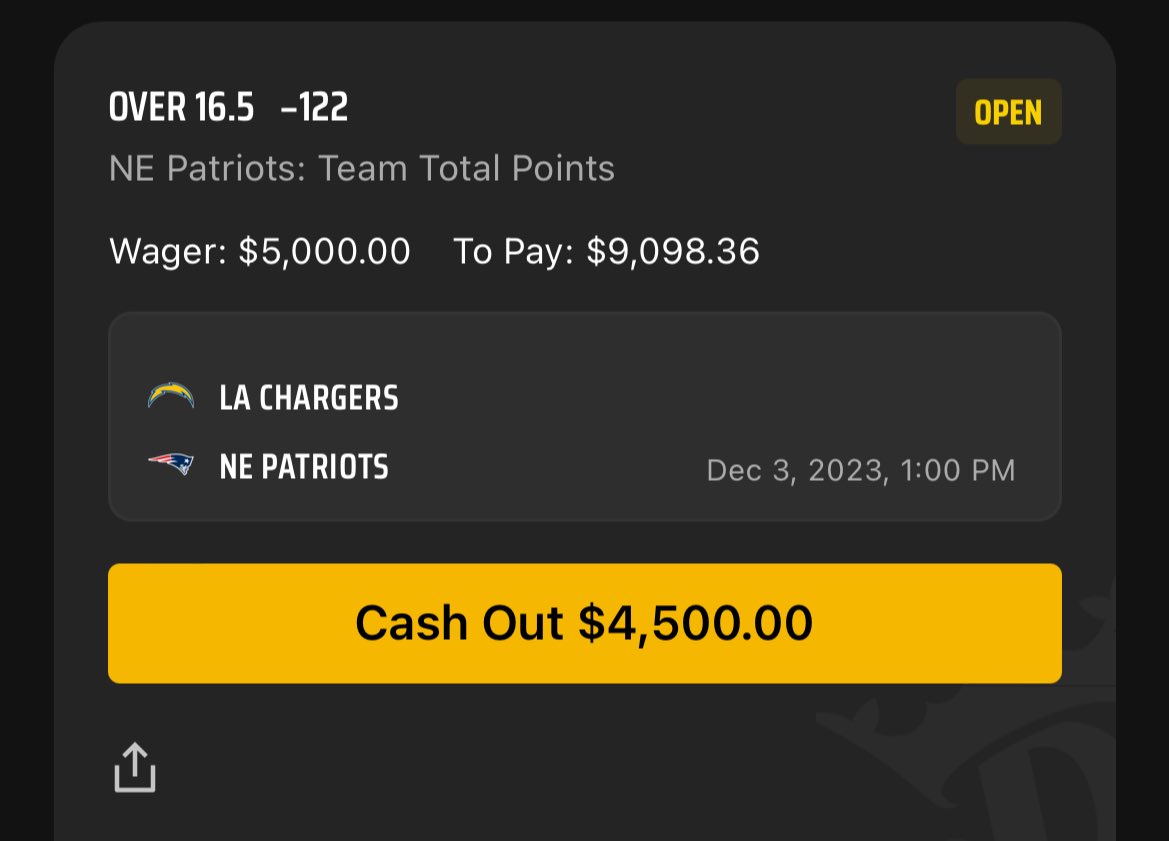 DakotaSpin's tweet photo. I made another #ZappeFever #ZappeHour bet of $5000 on #Patriots over 16.5 team total #Foreverne fade or follow :) @DKSportsbook https://t.co/VvMPMvFleB
